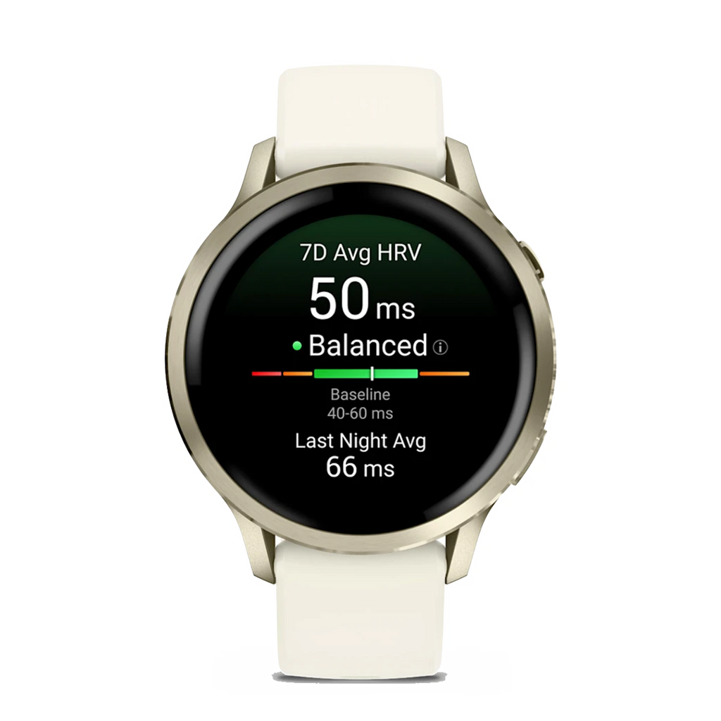Garmin Venu 4 — Lunar Gold with Bone — Size 41 mm — Side View