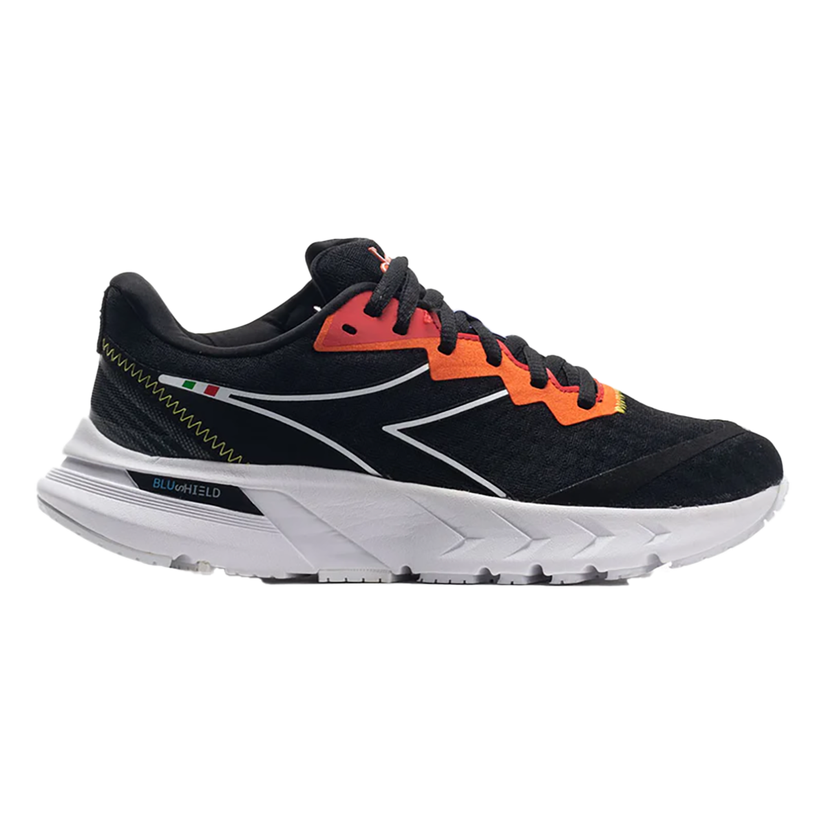 Diadora Mythos Blushield Volo 2 — Fiery Red - White - Vermillion — Size Y — Width 1.5 — Side View
