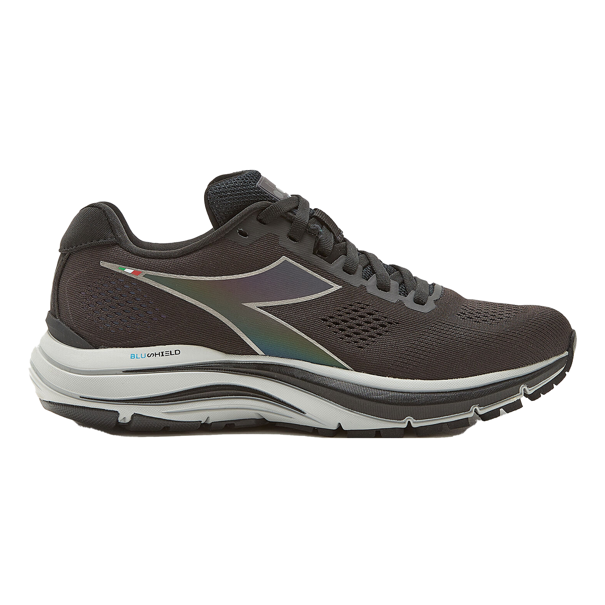 Diadora Mythos Blushield 7 Vortice HIP — Black - Silver — Size B — Width 6 — Front View