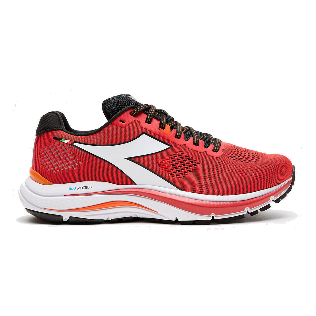Diadora Mythos Blushield 7 Vortice — White - Black - Vermillion Orange — Size D — Width 9.5 — Detail View