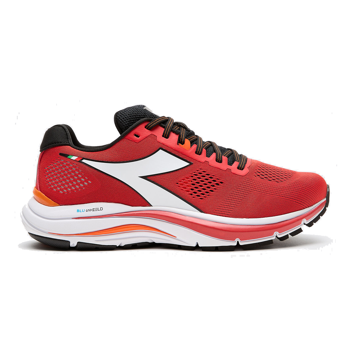 Diadora Mythos Blushield 7 Vortice — White - Black - Vermillion Orange — Size D — Width 9.5 — Detail View