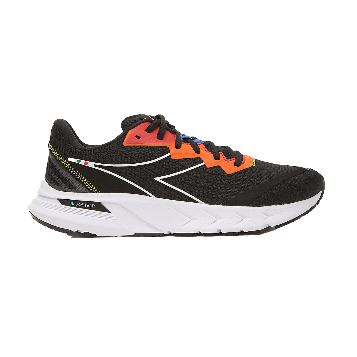 Diadora Mythos Blushield Volo 2 — Black - White - Orange — Size D — Width 11 — Front View
