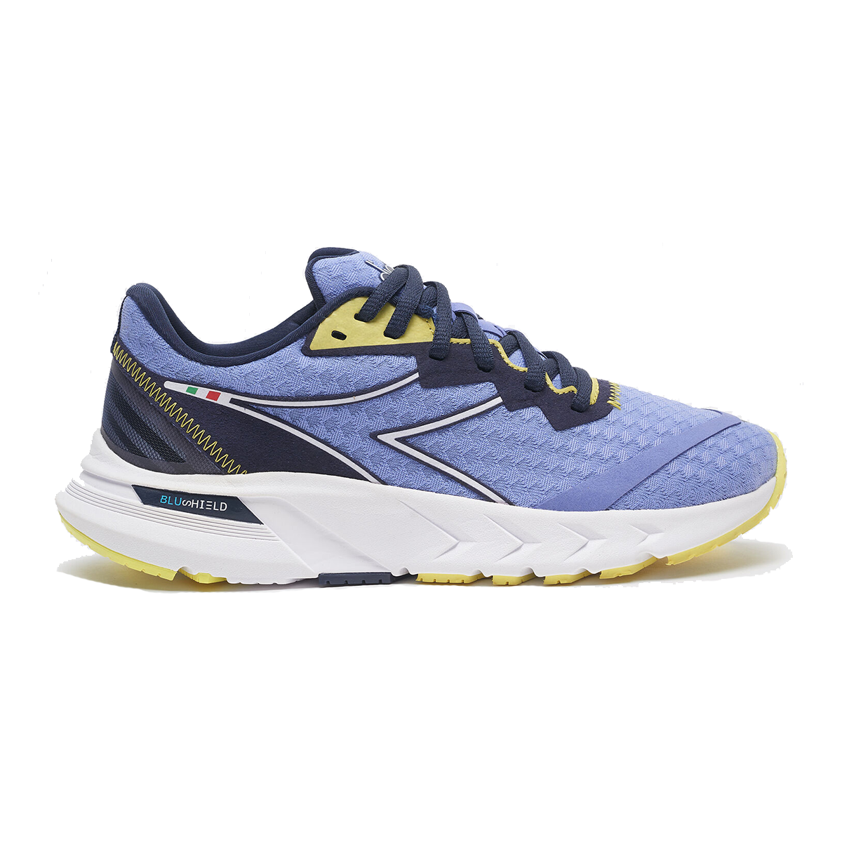 Diadora Mythos Blushield Volo 2 — Deep Periwinkle - Neon Yellow — Size B — Width 10 — Front View