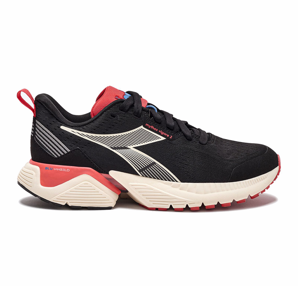 Diadora Mythos Blushield Vigore 2 — Black - White - Pink Fluo — Size B — Width 10 — Front View