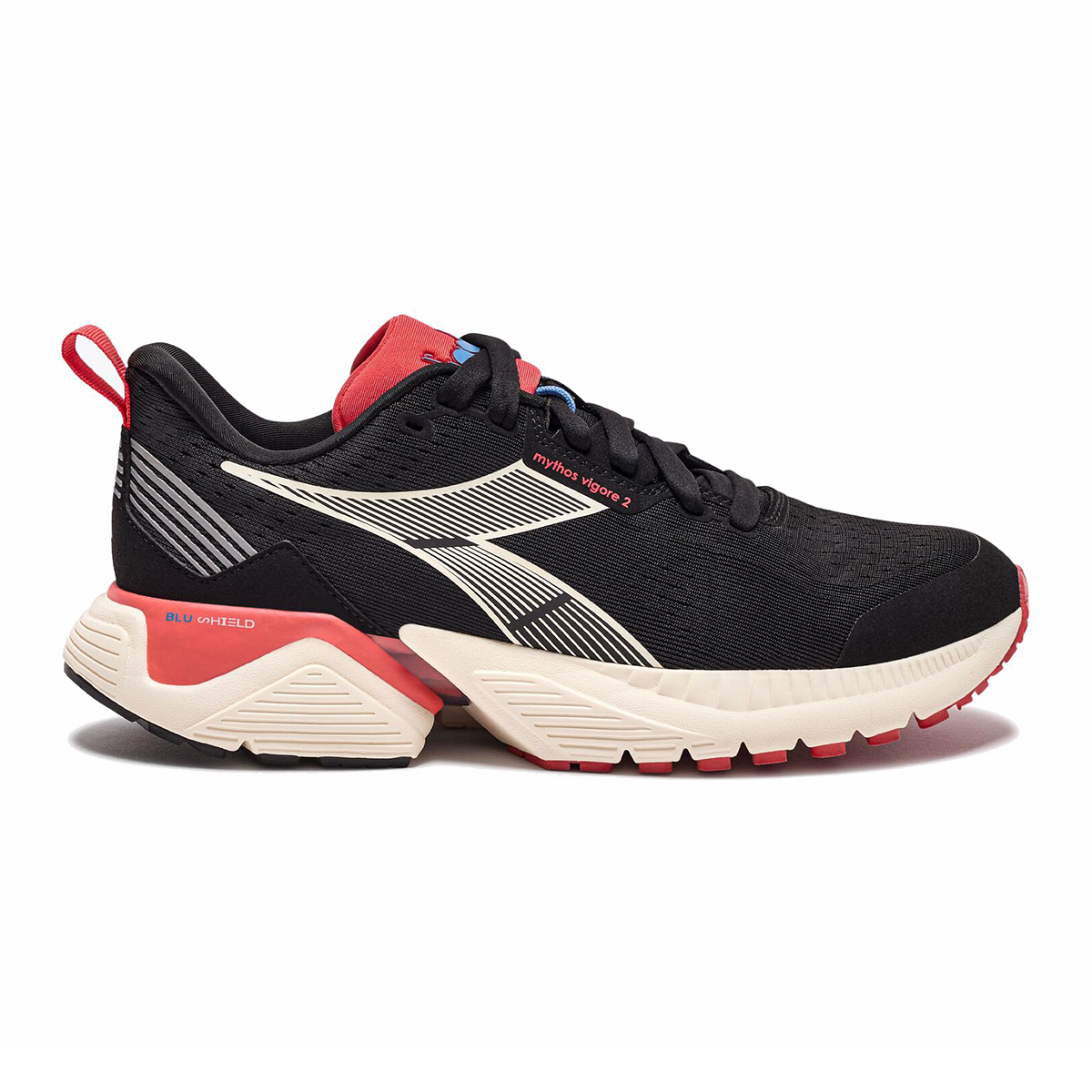 Diadora Mythos Blushield Vigore 2 — Black - White - Pink Fluo — Size B — Width 10 — Front View