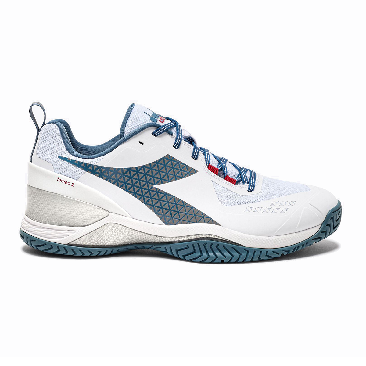 Diadora Blushield Torneo 2 AG — White - Ocean -Salsa — Size D — Width 9 — Front View