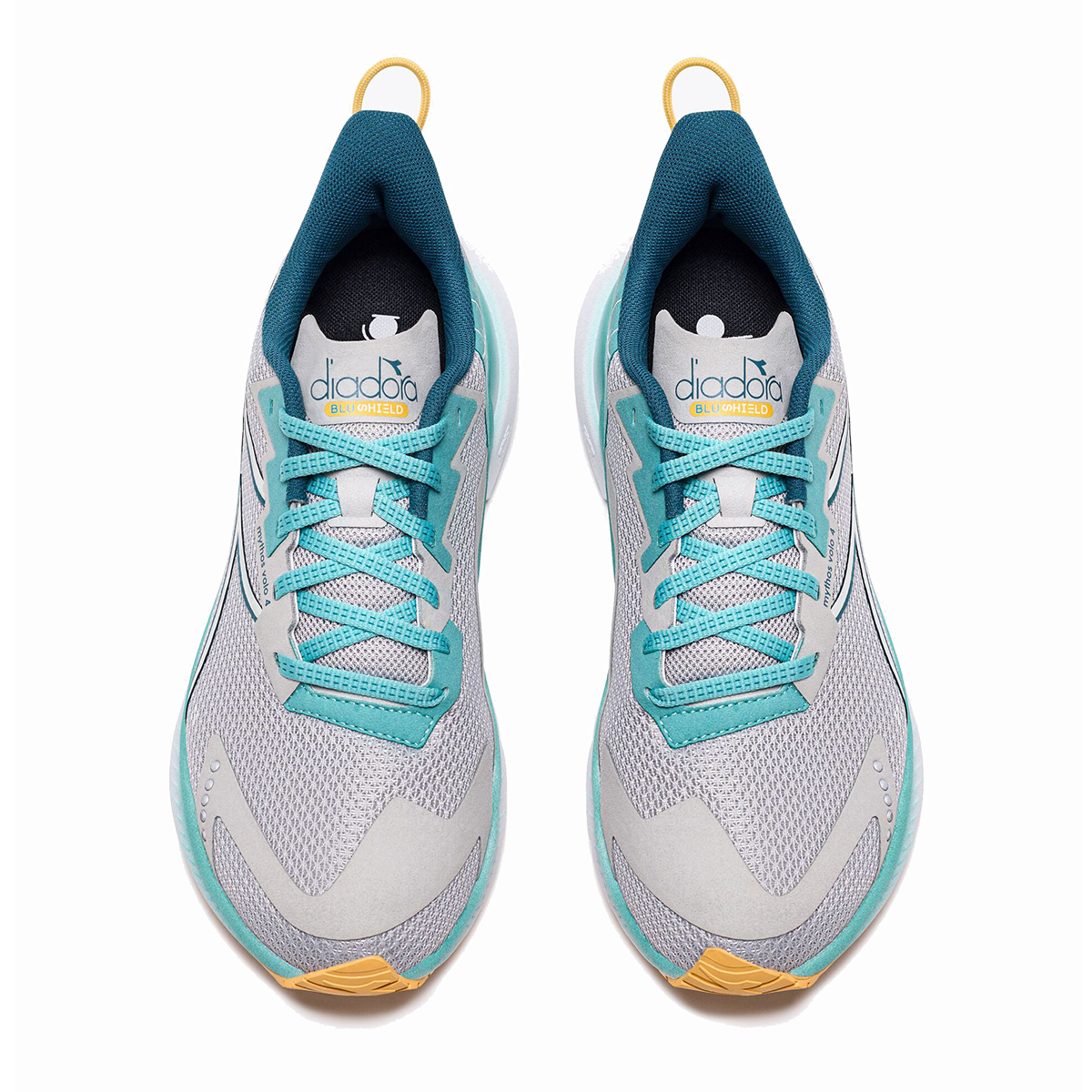 Diadora Mythos Blushield Volo 4 — Silver - Dusty Turquoise — Size B — Width 7 — Detail View