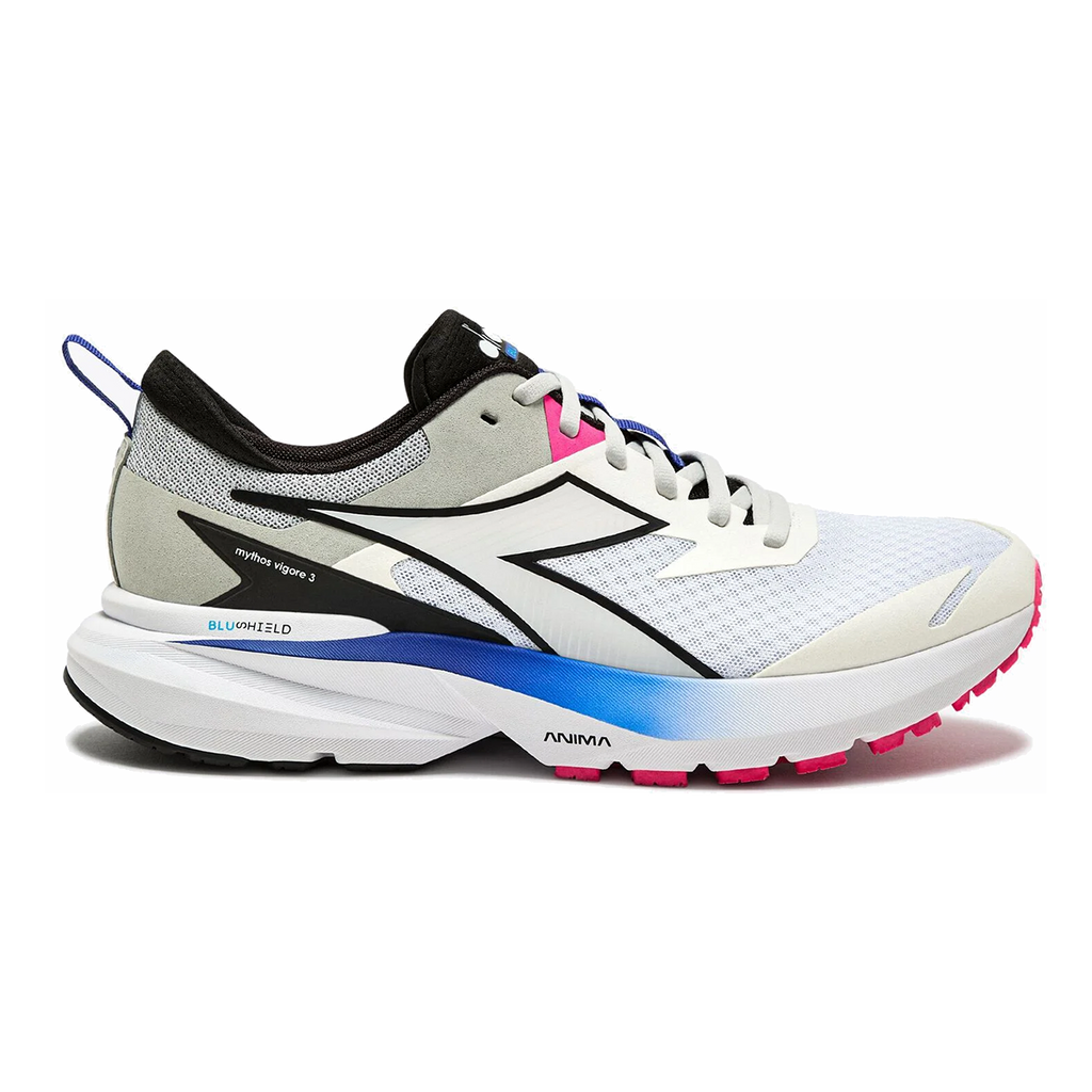 Diadora Mythos Blushield Vigore 3 — White - Black - Silver DD — Size D — Width 10 — Front View