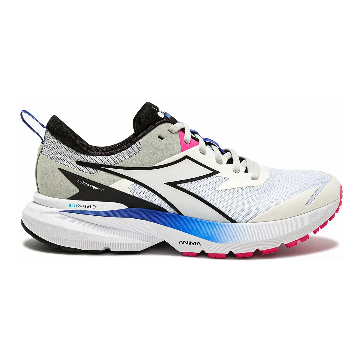 Diadora Mythos Blushield Vigore 3 — White - Black - Silver DD — Size D — Width 10 — Front View