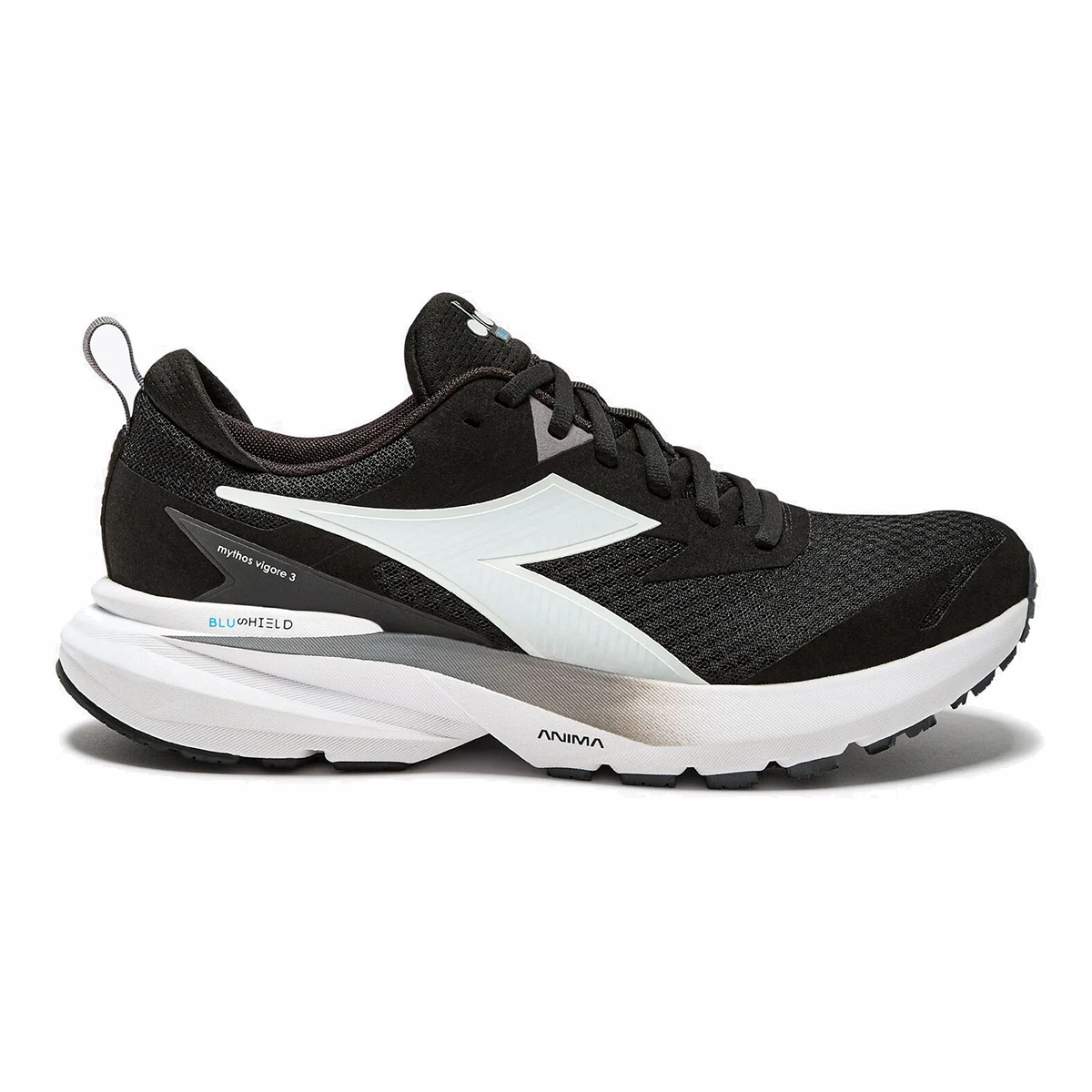 Diadora Mythos Blushield Vigore 3 — White - Black - Silver DD — Size D — Width 10 — Top View