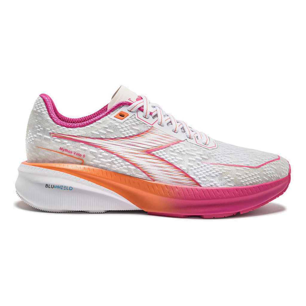 Diadora Mythos Blushield Volo 5 — White - Fandango Pink - Nectar — Size B — Width 10 — Top View