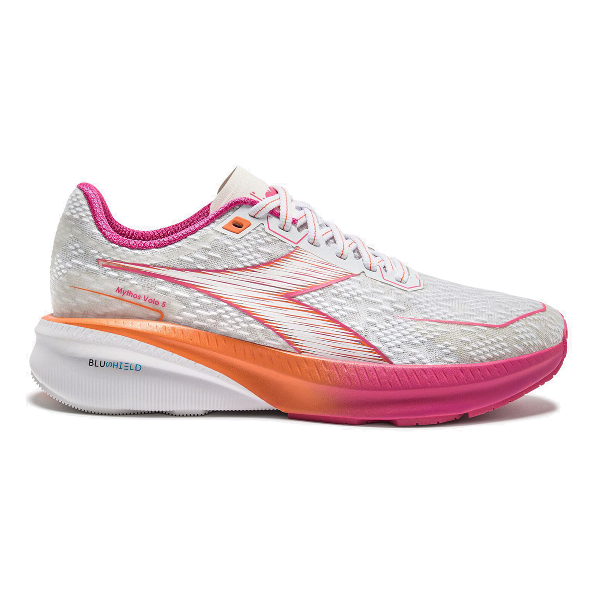 Diadora Mythos Blushield Volo 5 — White - Fandango Pink - Nectar — Size B — Width 10 — Top View