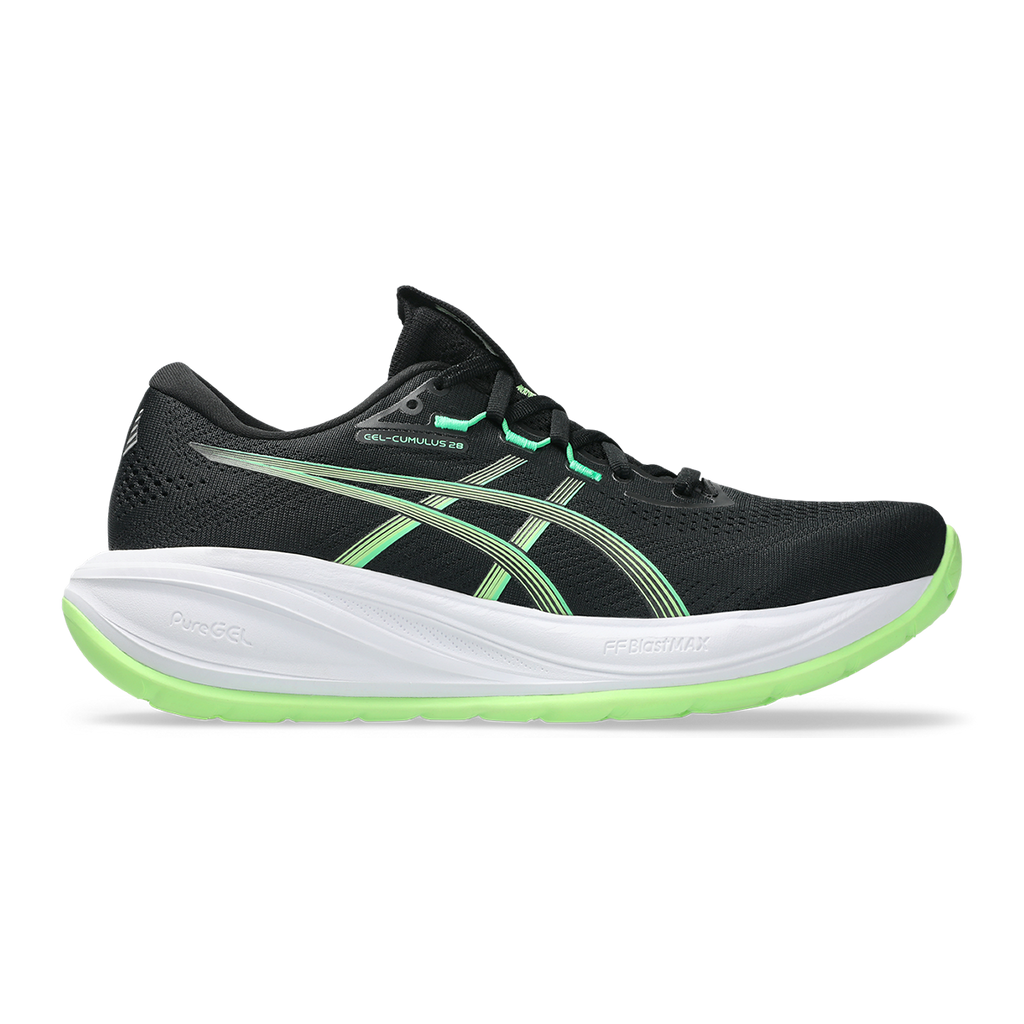 Asics Gel Cumulus 28 — Black - Illuminate Green — Size D — Width 6 — Front View