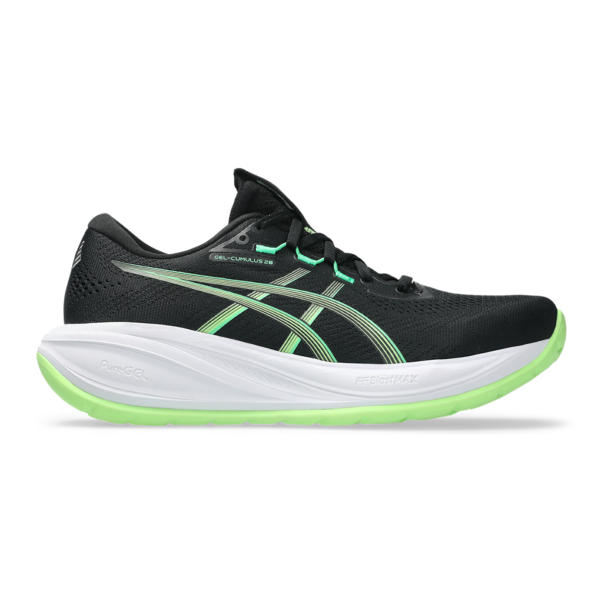 Asics Gel Cumulus 28 — Black - Illuminate Green — Size D — Width 6 — Front View