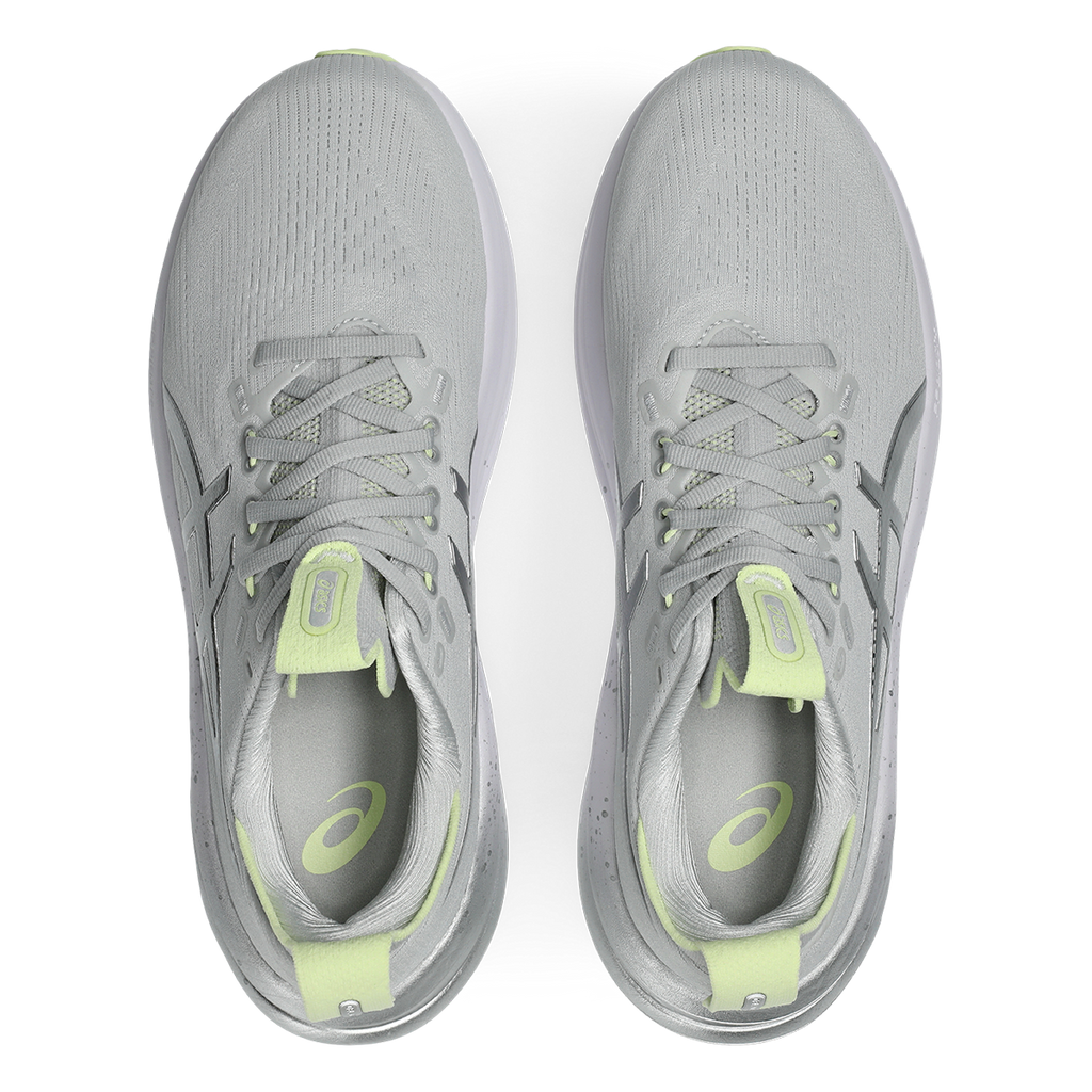 Asics Gel-Nimbus 28 Platinum — Platinum - Glow Green — Size D — Width 10 — Back View