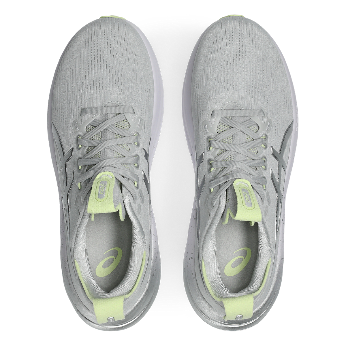 Asics Gel-Nimbus 28 Platinum — Platinum - Glow Green — Size D — Width 10 — Back View
