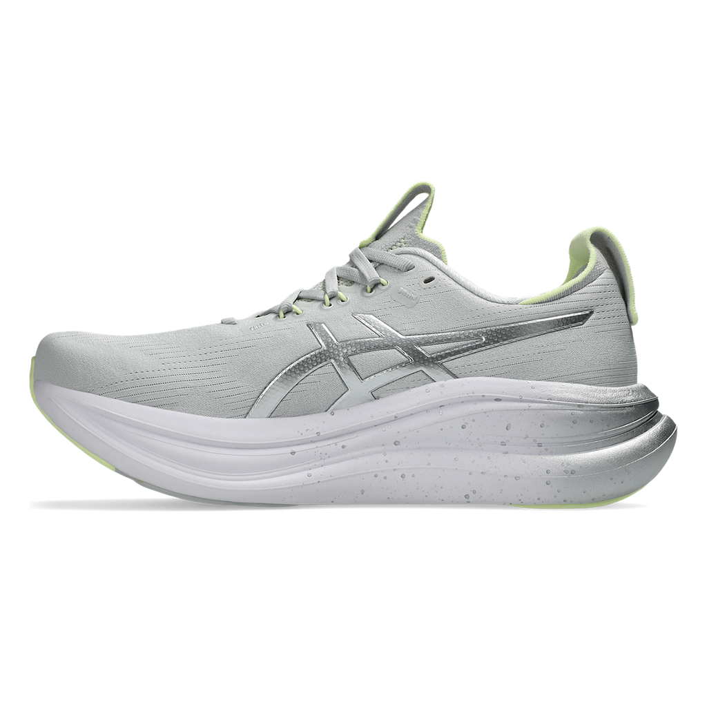 Asics Gel-Nimbus 28 Platinum — Platinum - Glow Green — Size D — Width 10 — Side View