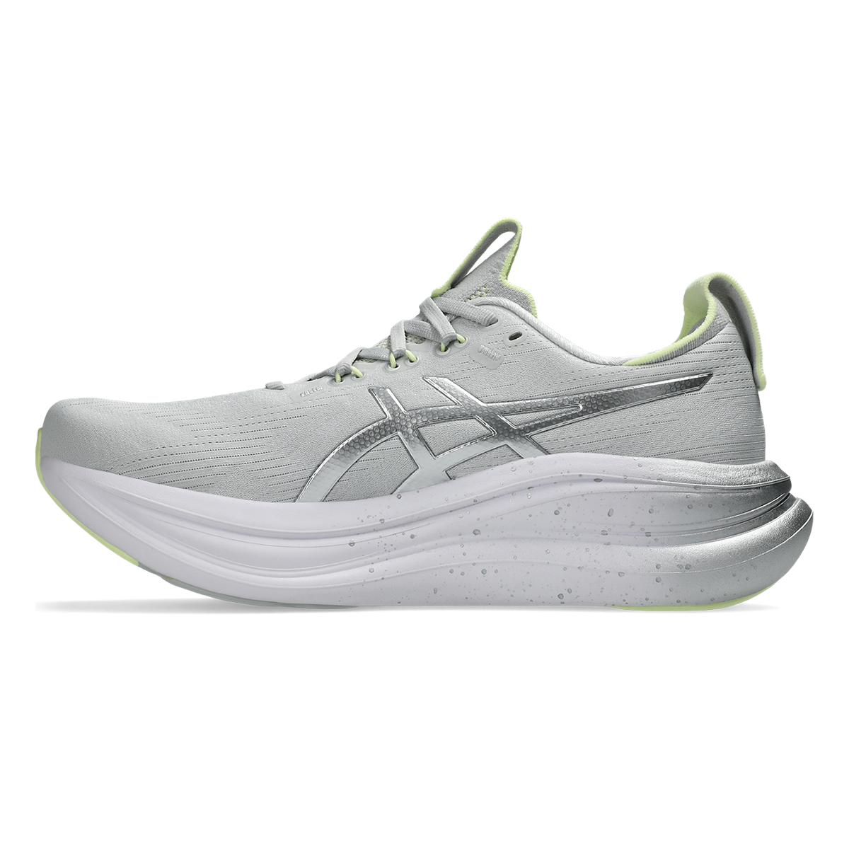 Asics Gel-Nimbus 28 Platinum — Platinum - Glow Green — Size D — Width 10 — Side View