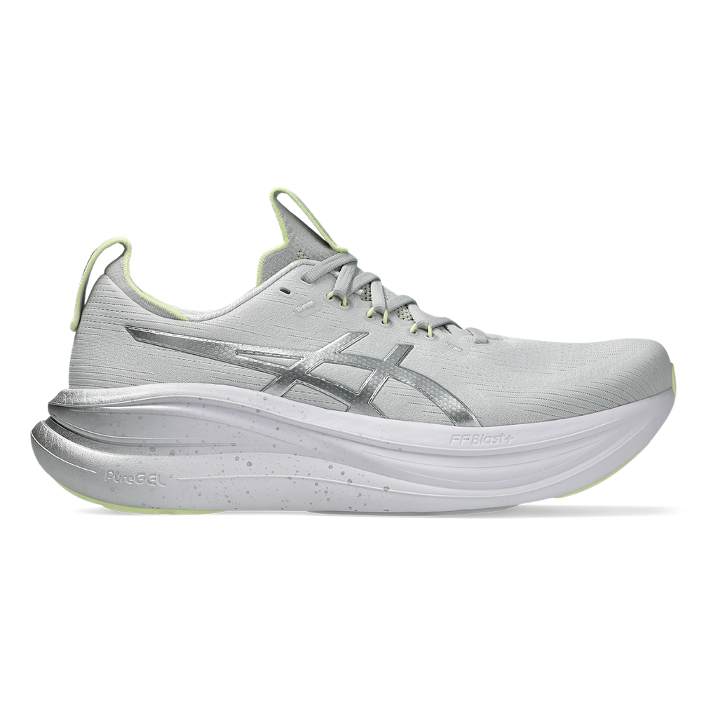 Asics Gel-Nimbus 28 Platinum — Platinum - Glow Green — Size D — Width 10 — Front View