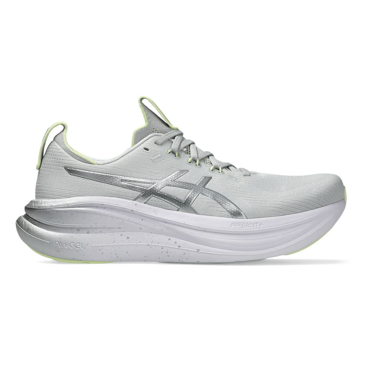 Asics Gel-Nimbus 28 Platinum — Platinum - Glow Green — Size D — Width 10 — Front View