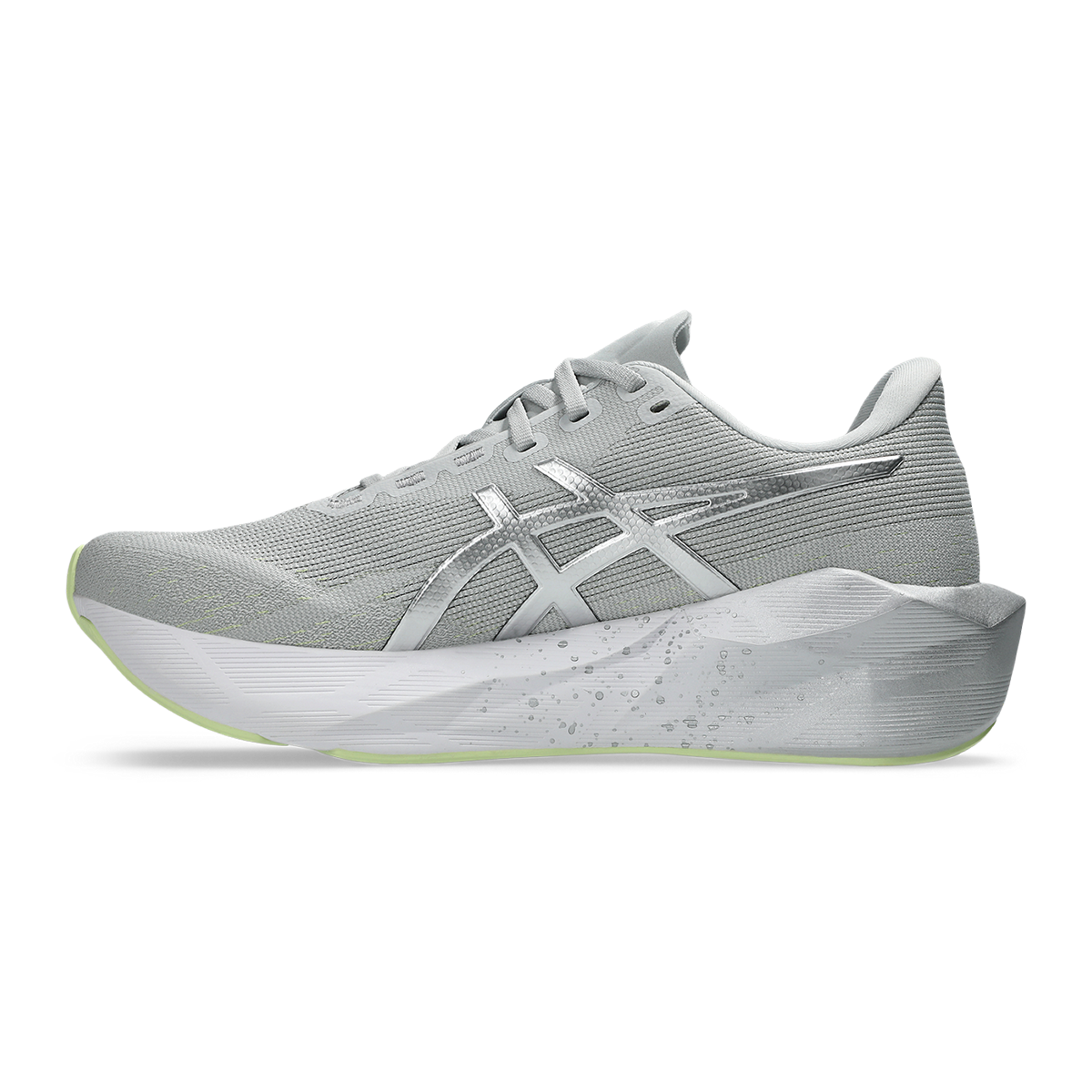 Asics Novablast 6 Platinum — Platinum - Glow Green — Size B — Width 5.5 — Side View