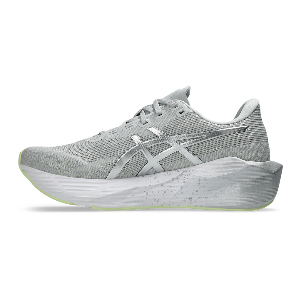 Asics Novablast 6 Platinum — Platinum - Glow Green — Size D — Width 6 — Side View
