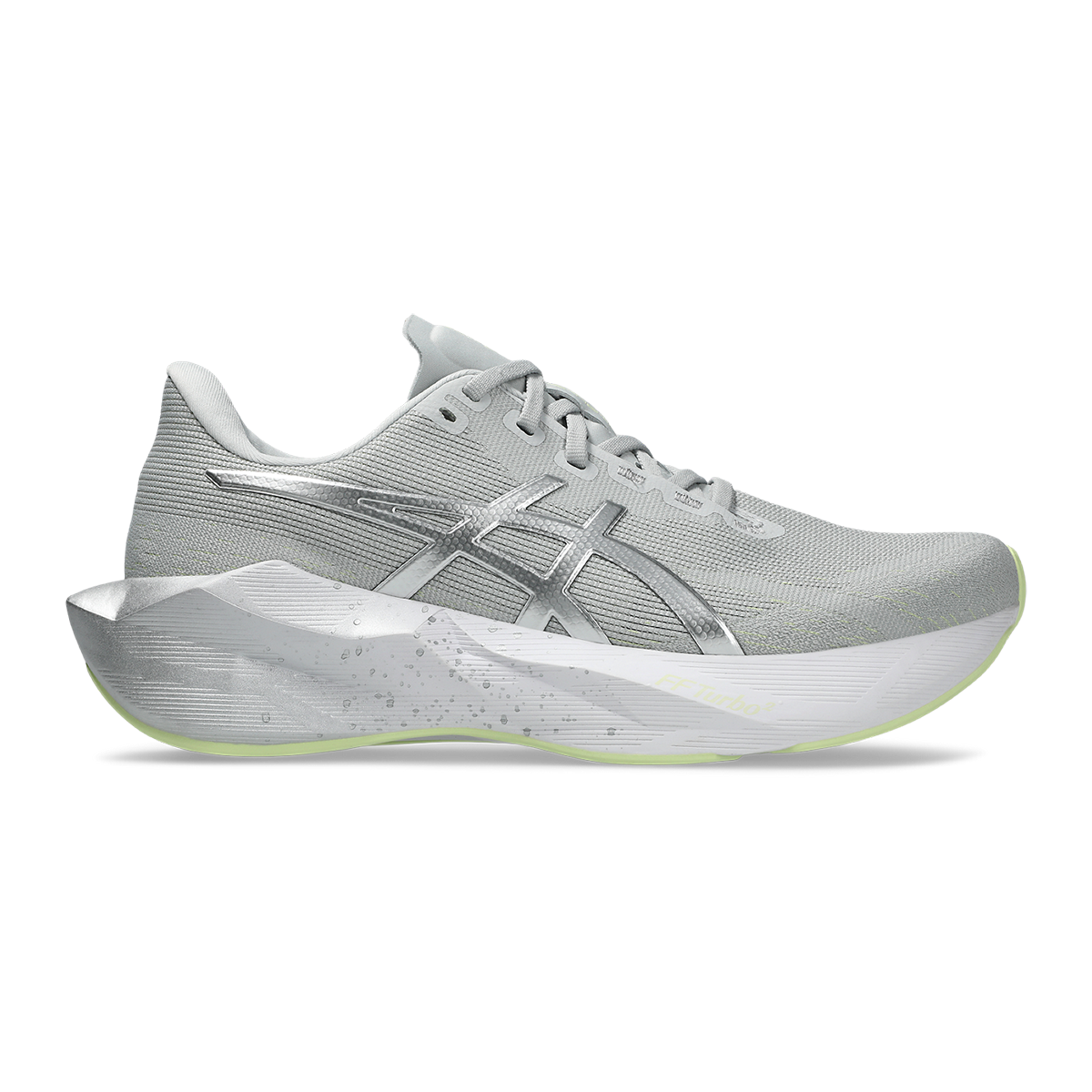 Asics Novablast 6 Platinum — Platinum - Glow Green — Size B — Width 5.5 — Front View