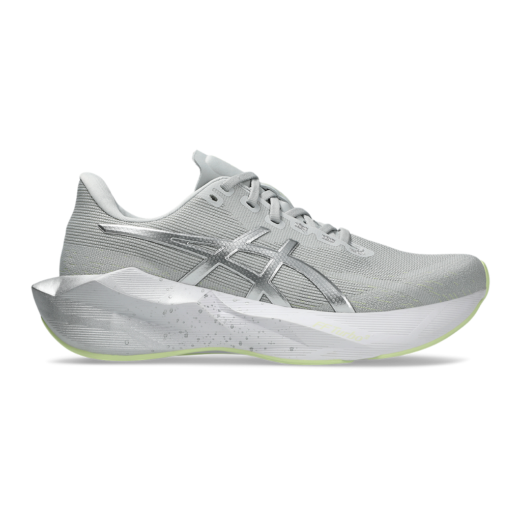 Asics Novablast 6 Platinum — Platinum - Glow Green — Size D — Width 6 — Front View