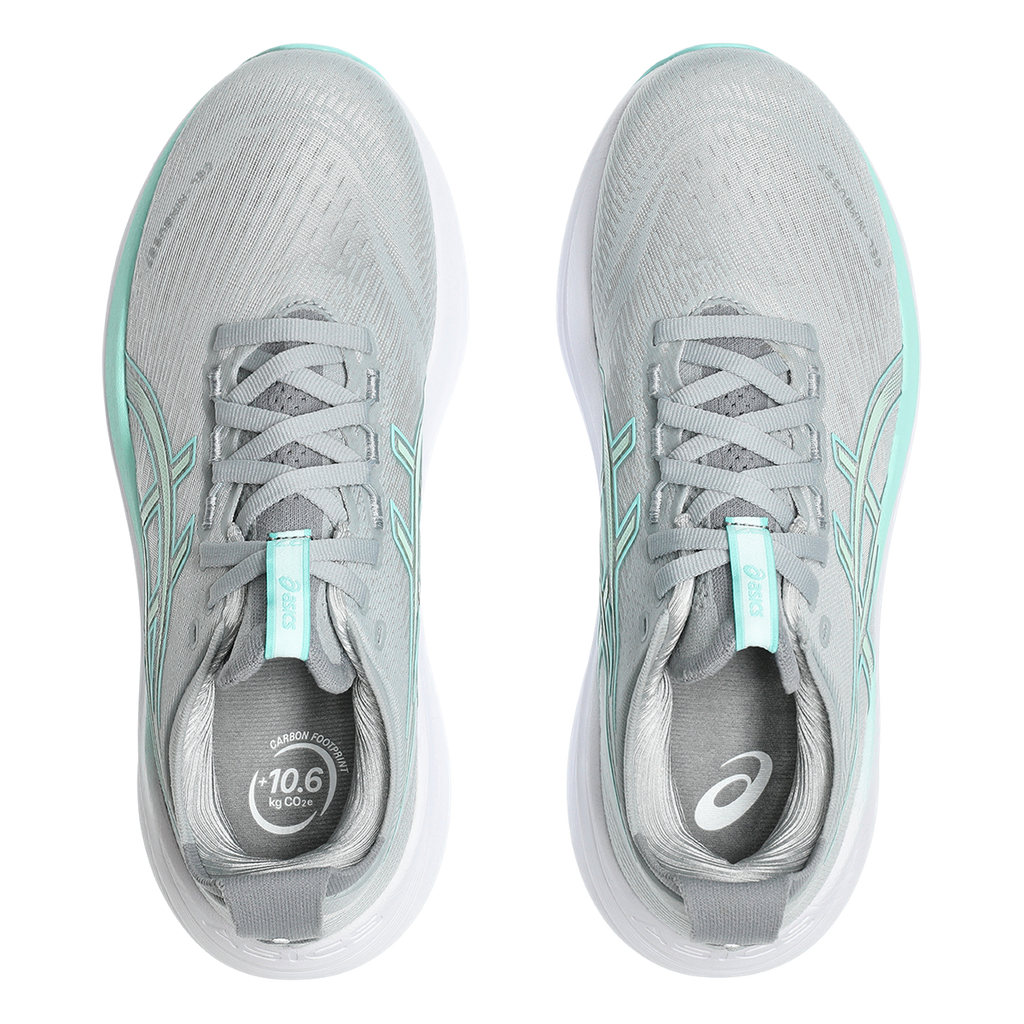 Asics Gel Nimbus 27 Piedmont Grey - Illuminate Mint — Piedmont Grey - Illuminate Mint — Size B — Width 5 — Back View