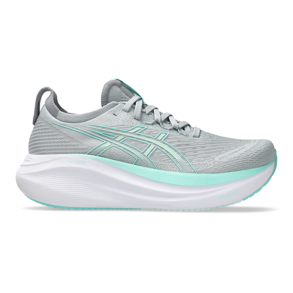 Asics Gel Nimbus 27 Piedmont Grey - Illuminate Mint — Piedmont Grey - Illuminate Mint — Size B — Width 5 — Front View