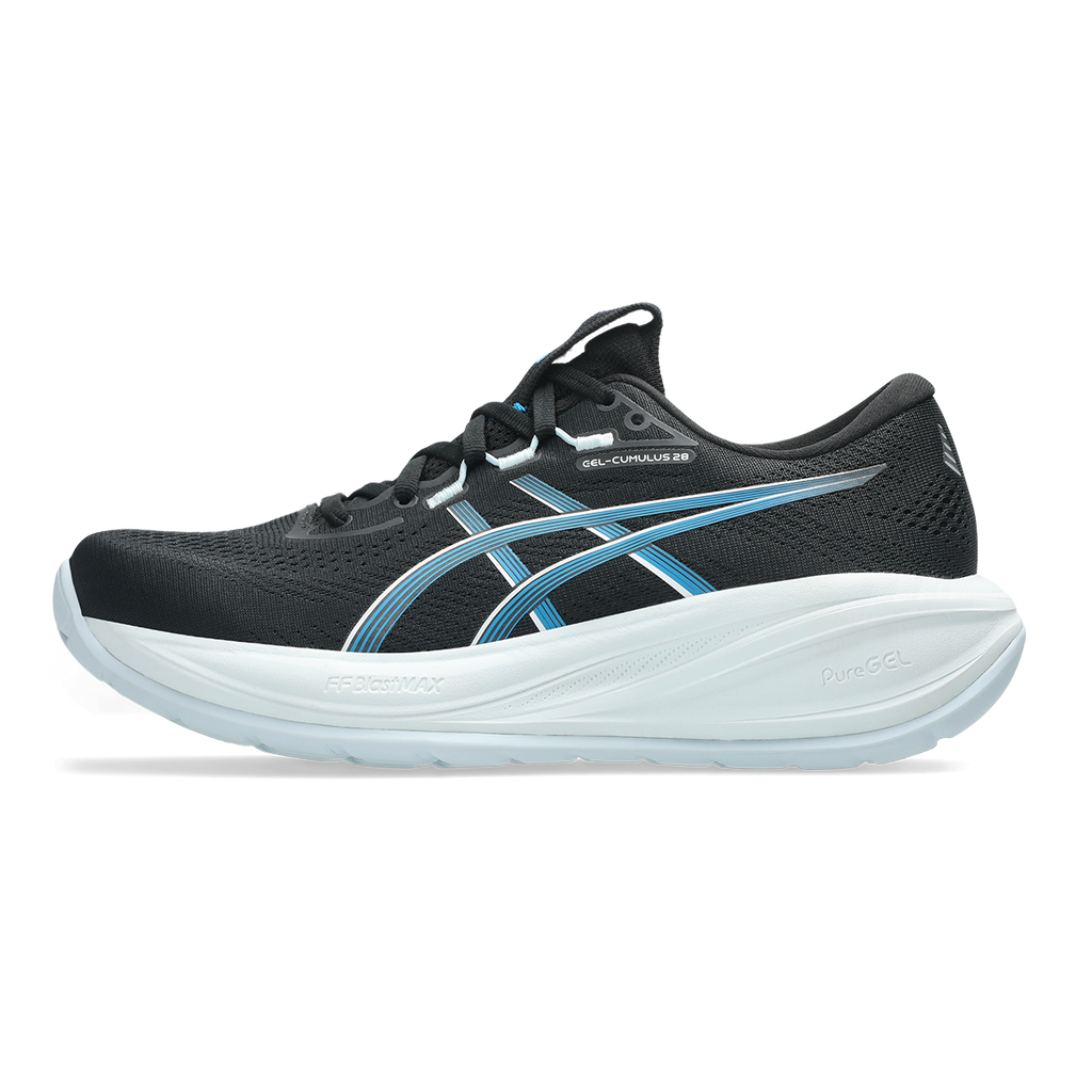 Asics Gel Cumulus 28 — Black - Aegean Blue — Size B — Width 5 — Side View