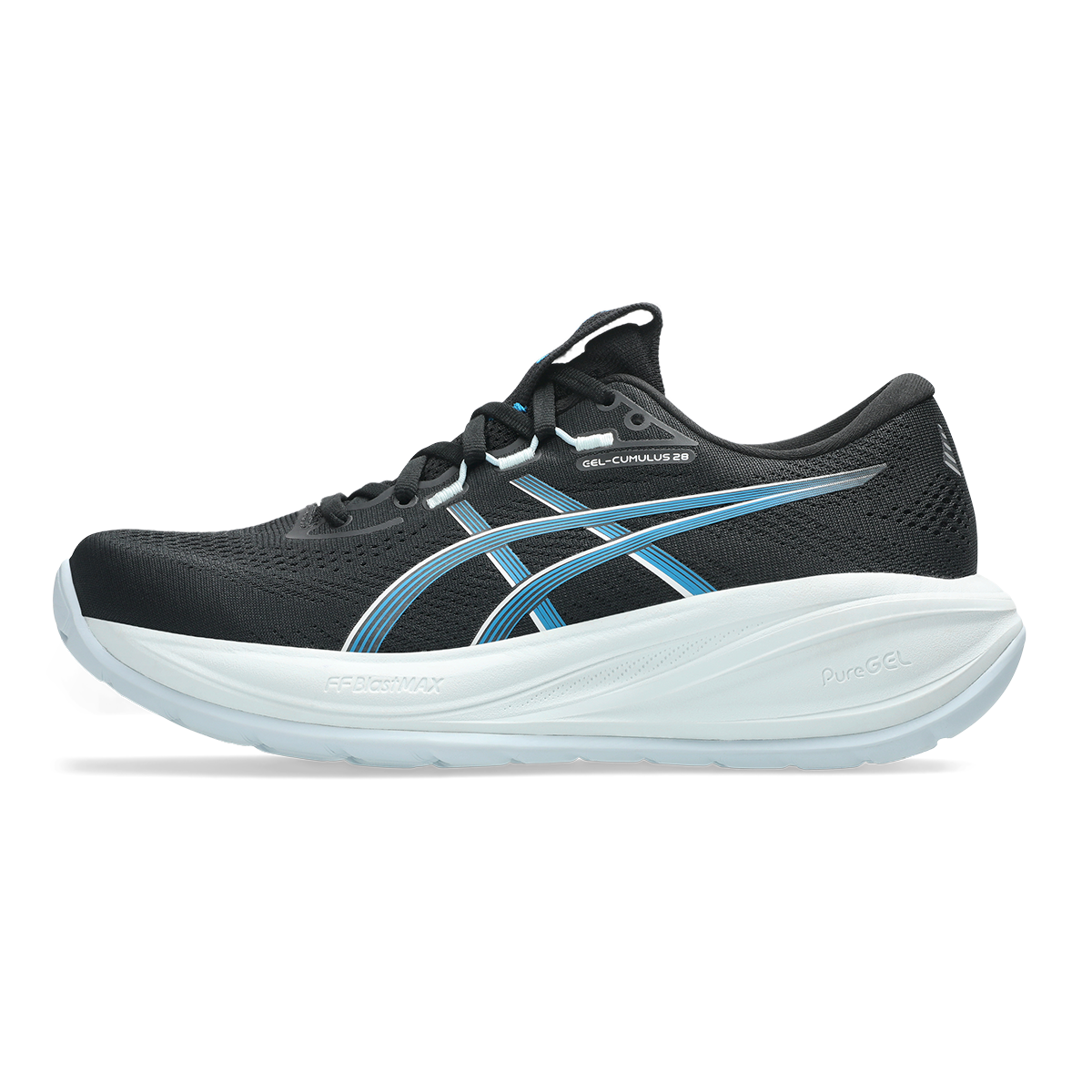 Asics Gel Cumulus 28 — Black - Aegean Blue — Size B — Width 5 — Side View