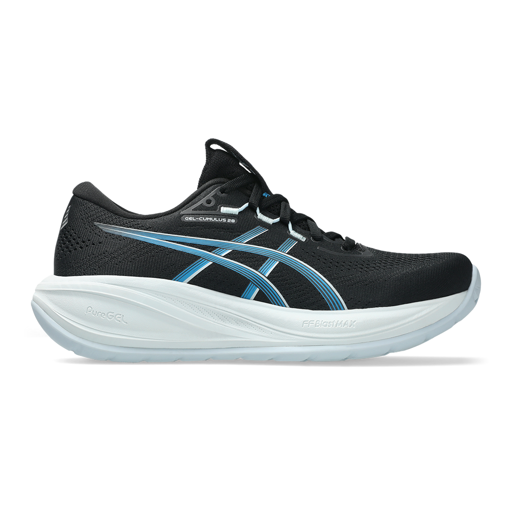 Asics Gel Cumulus 28 — Black - Aegean Blue — Size B — Width 5 — Front View