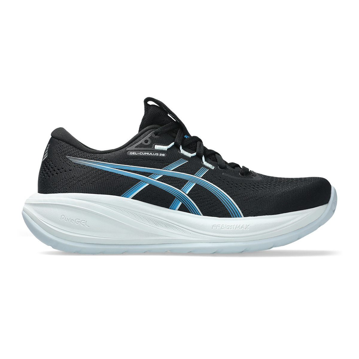 Asics Gel Cumulus 28 — Black - Aegean Blue — Size B — Width 5 — Front View