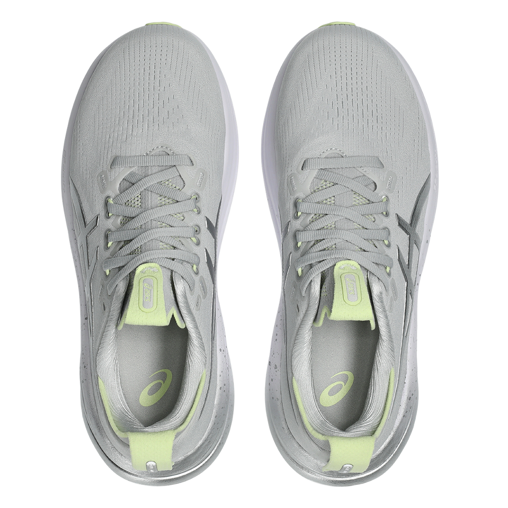 Asics Gel-Nimbus 28 Platinum — Platinum - Glow Green — Size B — Width 10 — Back View