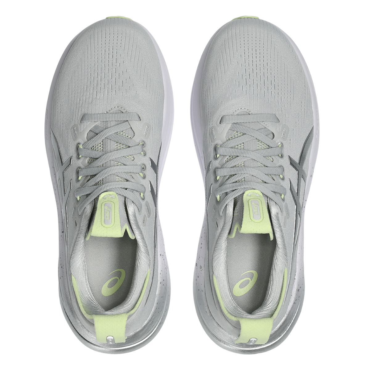Asics Gel-Nimbus 28 Platinum — Platinum - Glow Green — Size B — Width 10 — Back View