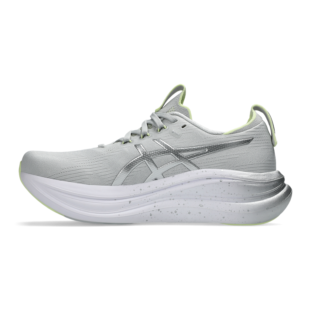 Asics Gel-Nimbus 28 Platinum — Platinum - Glow Green — Size B — Width 10 — Side View