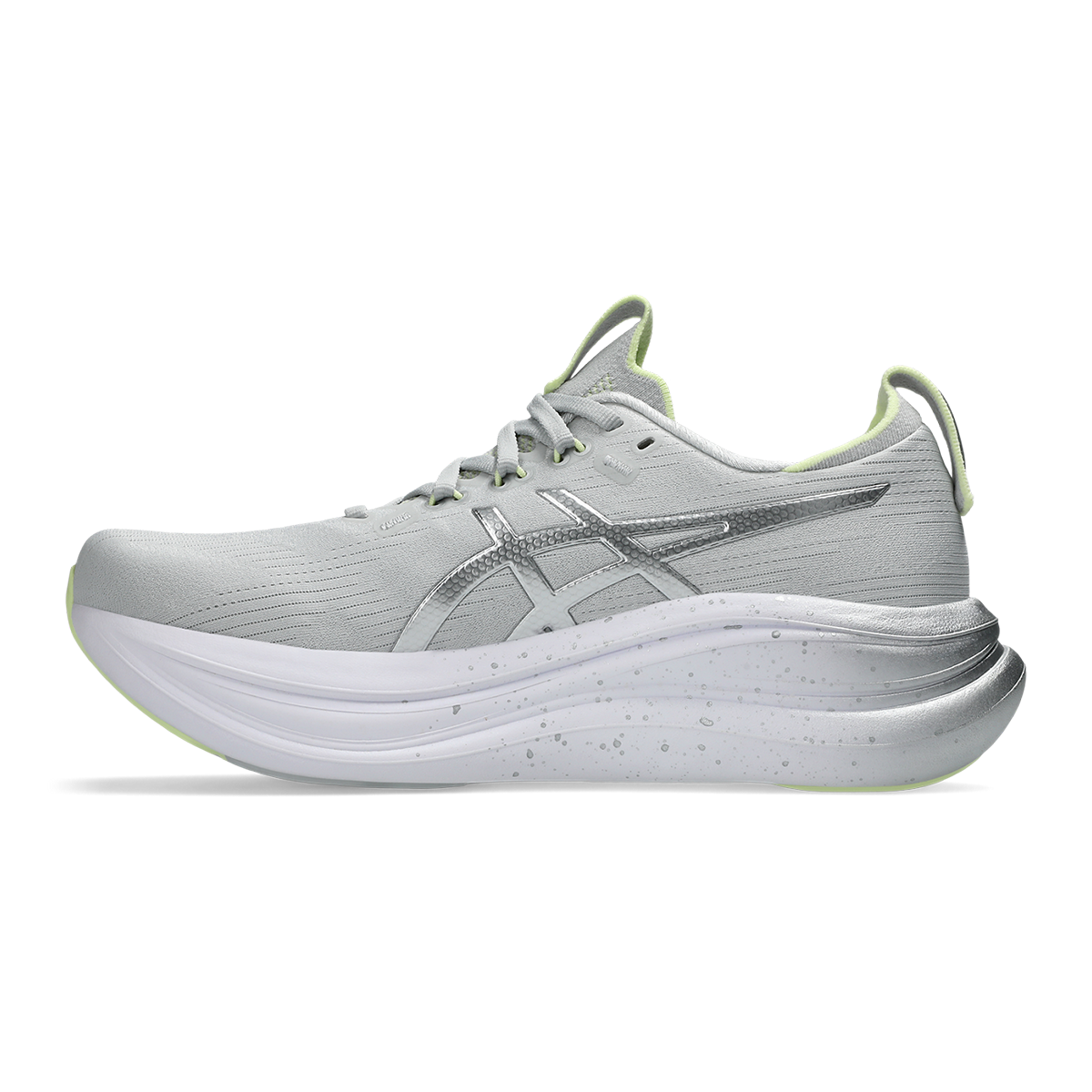 Asics Gel-Nimbus 28 Platinum — Platinum - Glow Green — Size B — Width 10 — Side View