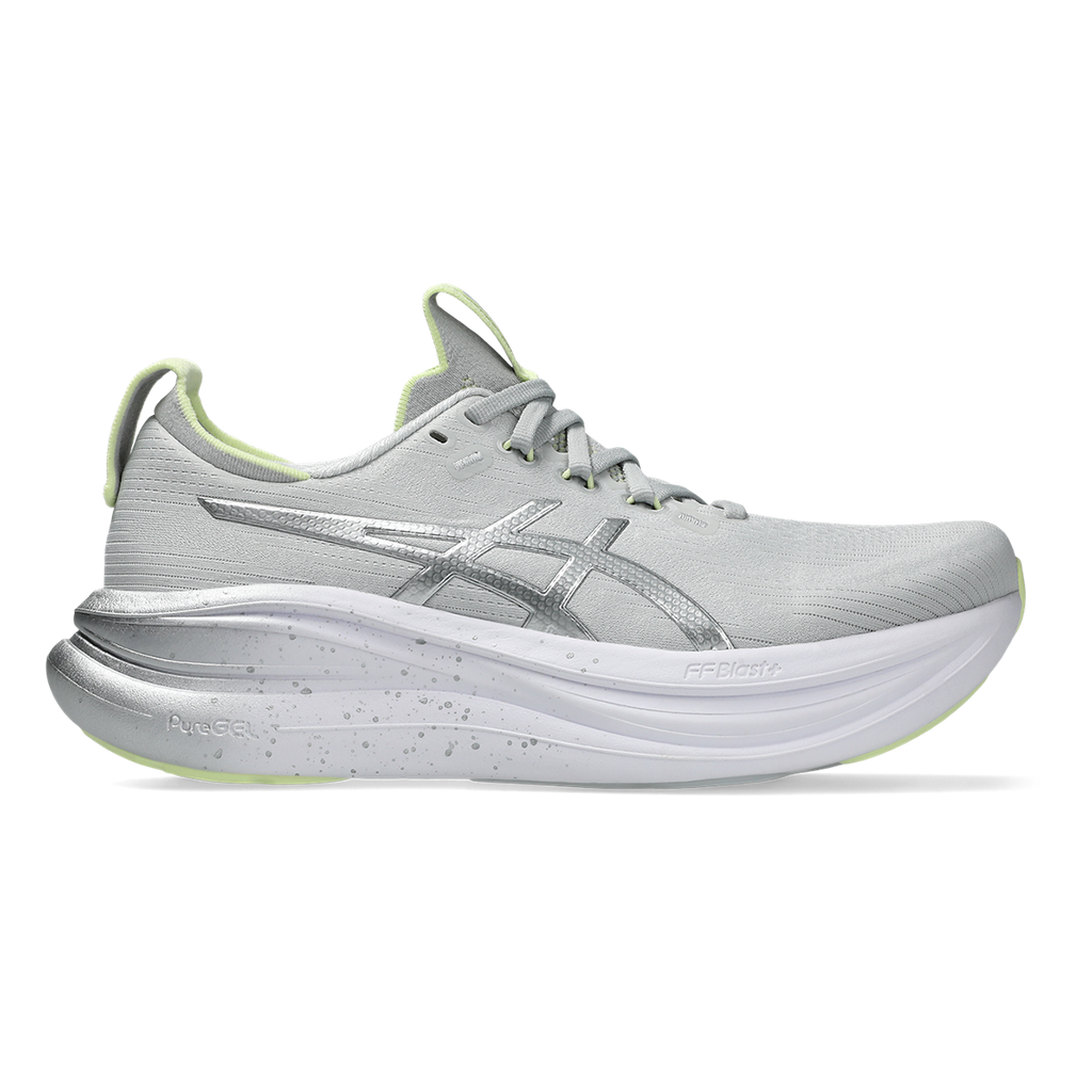 Asics Gel-Nimbus 28 Platinum — Platinum - Glow Green — Size B — Width 10 — Front View