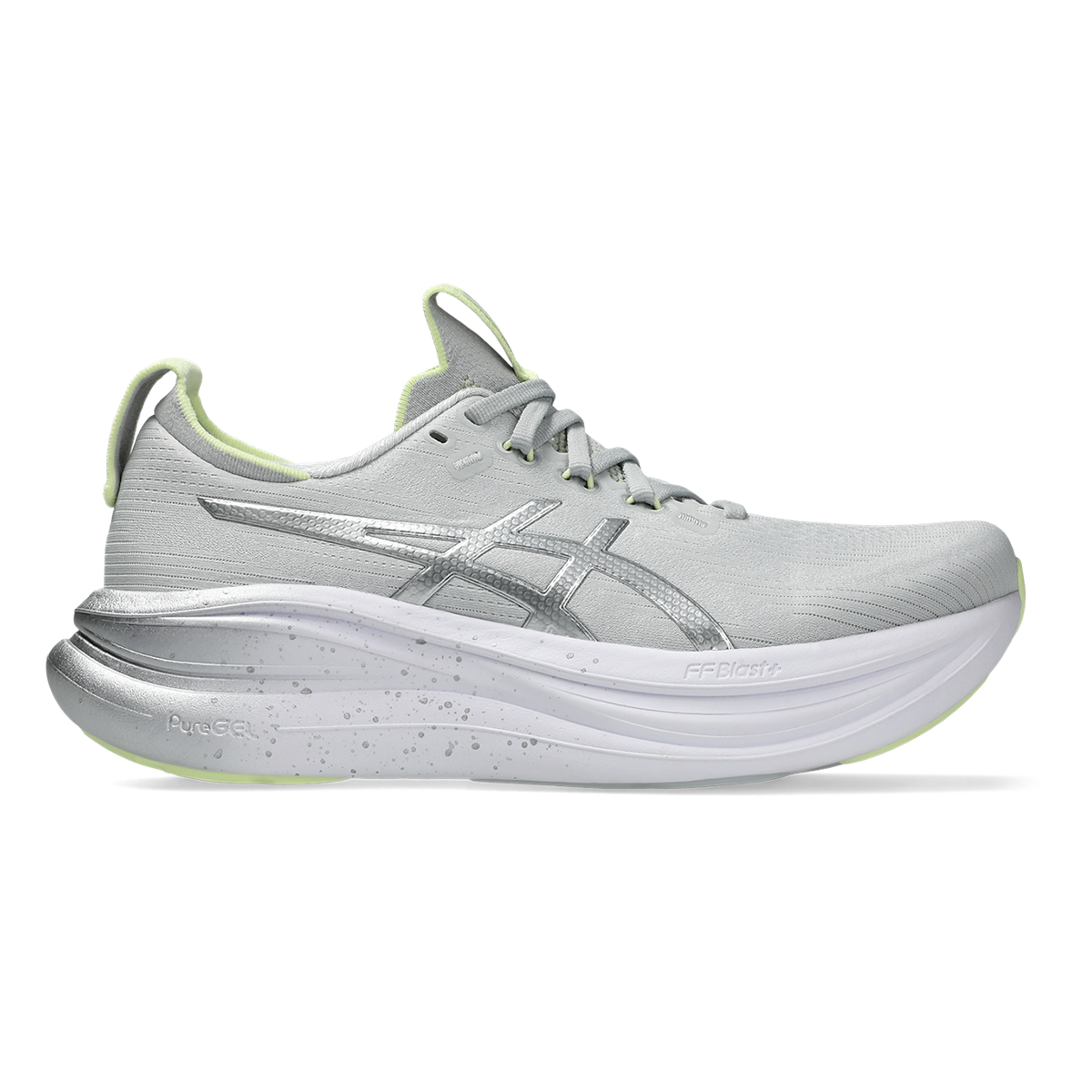 Asics Gel-Nimbus 28 Platinum — Platinum - Glow Green — Size B — Width 10 — Front View