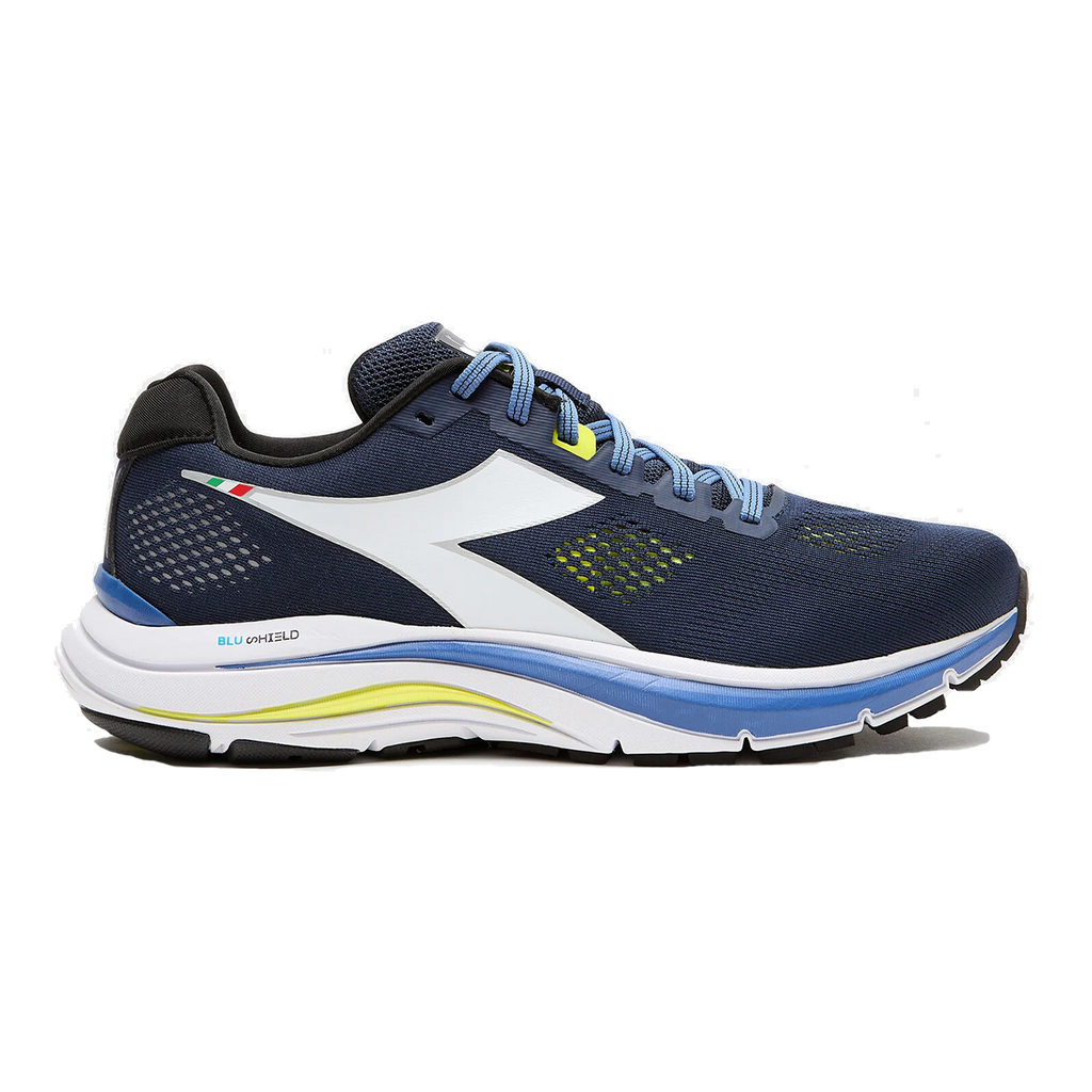 Diadora Mythos Blushield 7 Vortice — White - Black - Vermillion Orange — Size D — Width 9.5 — Front View