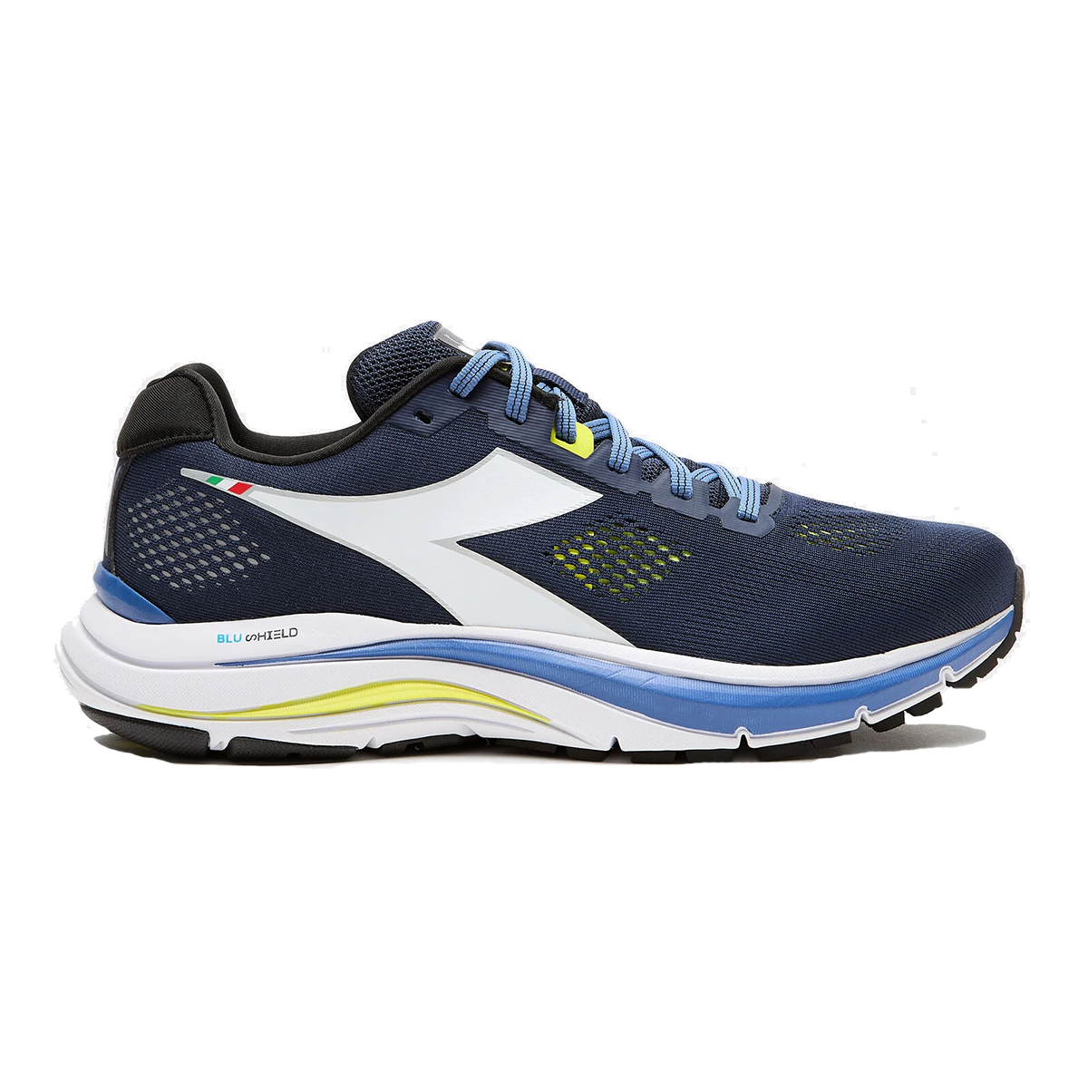 Diadora Mythos Blushield 7 Vortice — White - Black - Vermillion Orange — Size D — Width 9.5 — Front View