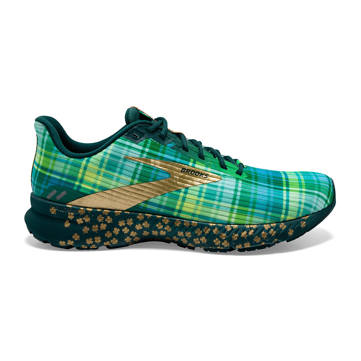 Brooks Launch 8 Run Lucky — Fern Green - Metallic Gold - Deep Teal — Size B — Width 10.5 — Front View
