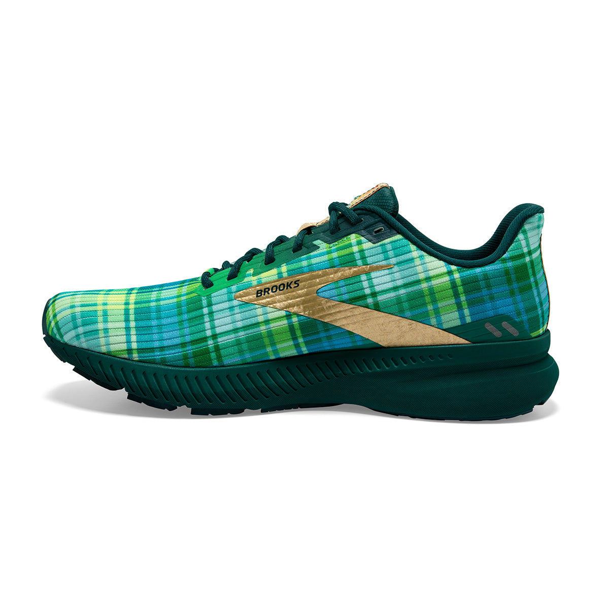Brooks Launch 8 Run Lucky — Fern Green - Metallic Gold - Deep Teal — Size B — Width 10.5 — Side View