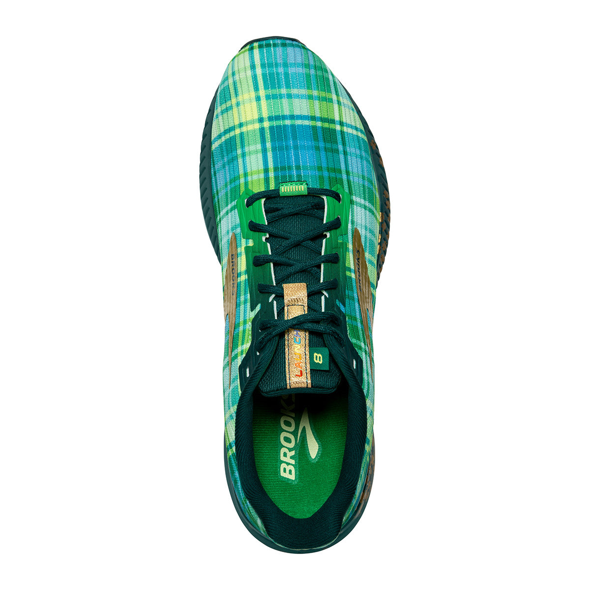 Brooks Launch 8 Run Lucky — Fern Green - Metallic Gold - Deep Teal — Size B — Width 10.5 — Back View