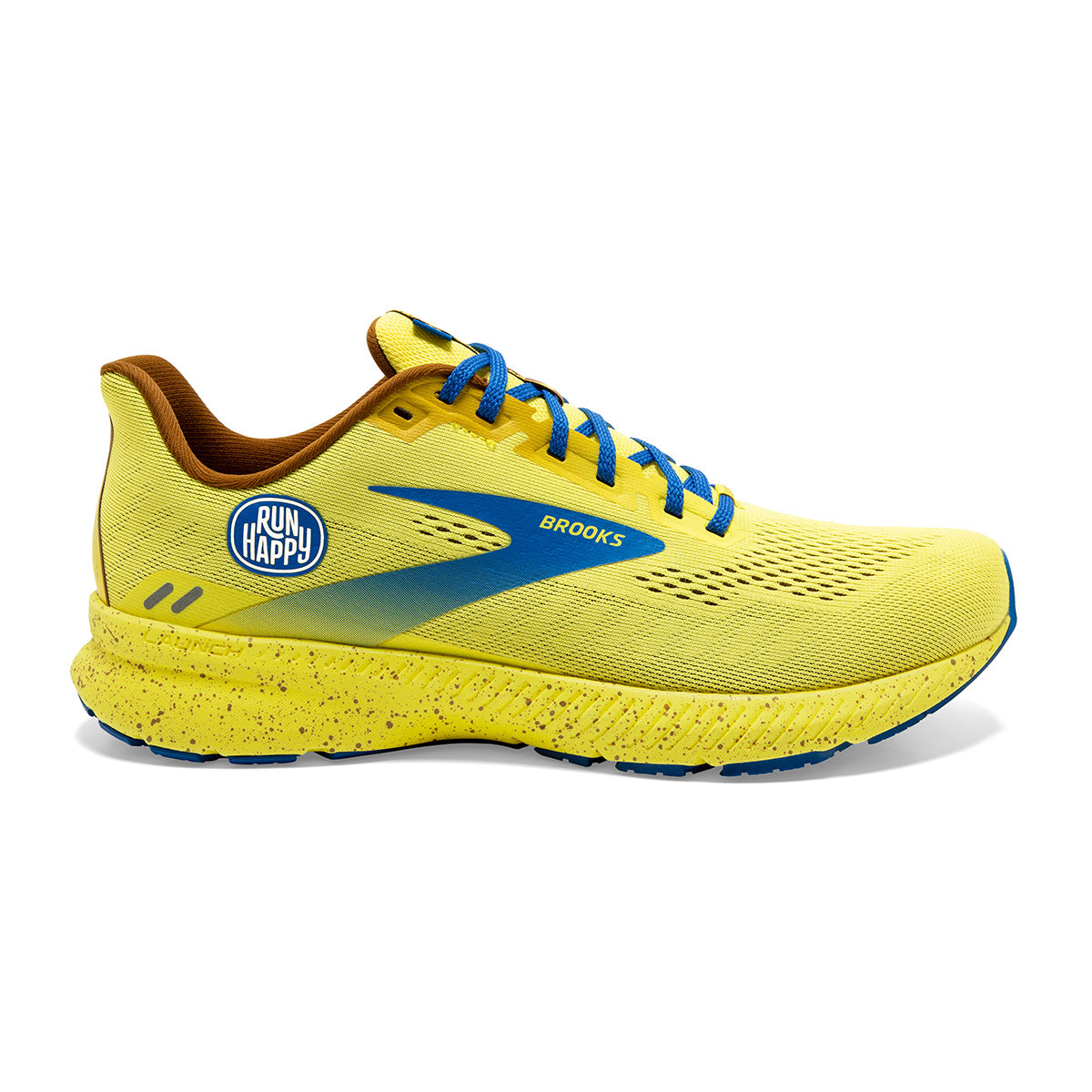 Brooks Launch 8 Run Happy — Golden Kiwi - Pale Banana - Victoria Blue — Size B — Width 10.5 — Front View