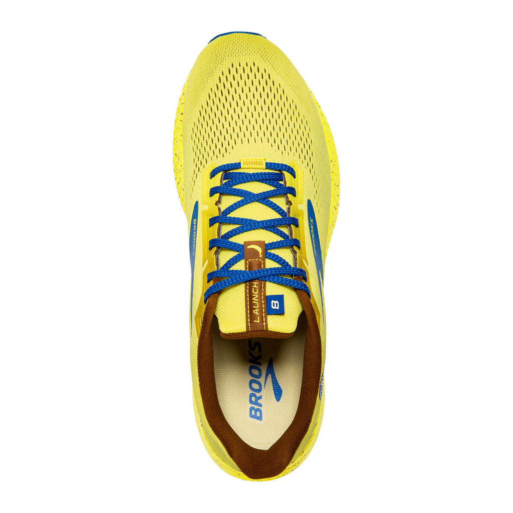 Brooks Launch 8 Run Happy — Golden Kiwi - Pale Banana - Victoria Blue — Size B — Width 10.5 — Back View