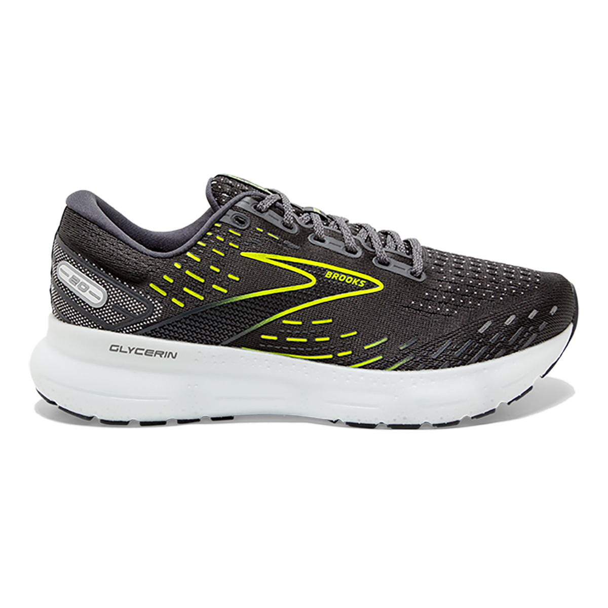 Brooks Glycerin 20 Run Visible — Ebony - White - Nightlife — Size B — Width 8 — Front View