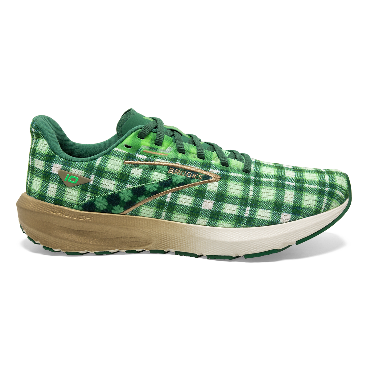 Brooks Launch 10 Run Lucky — Toucan - Verdant - Vanilla — Size B — Width 7 — Front View