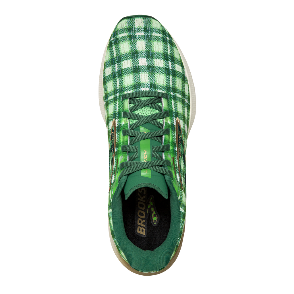 Brooks Launch 10 Run Lucky — Toucan - Verdant - Vanilla — Size B — Width 7 — Back View